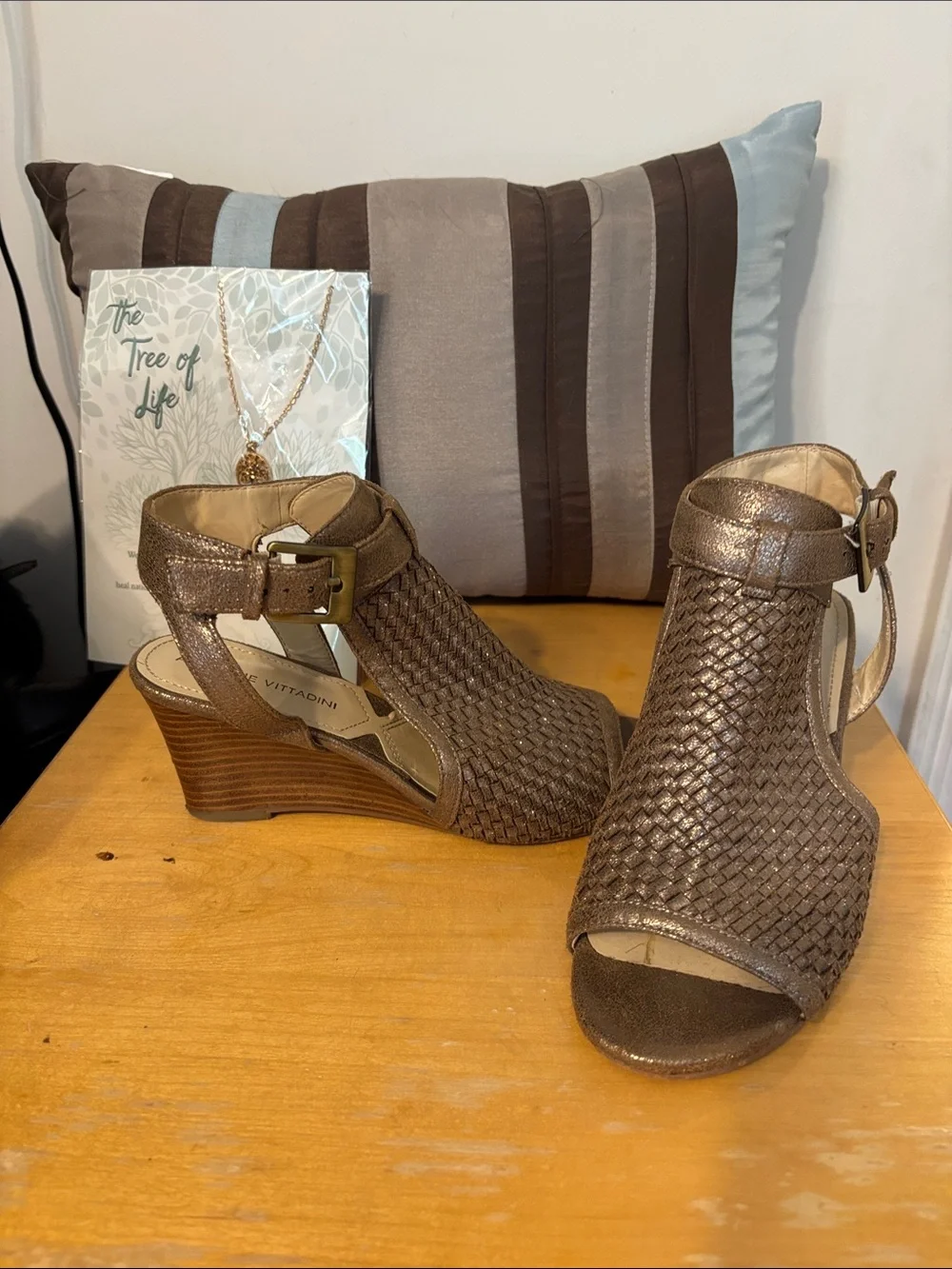 Adrienne Vittadini Metallic Bronze Woven Peep-Toe Wedges